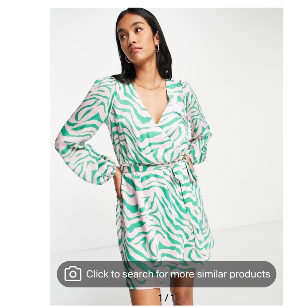 Green Pink Zebra Print Wrap Mini Dress Long Sleeve‎ V-Neck Womens 24 Lightweight